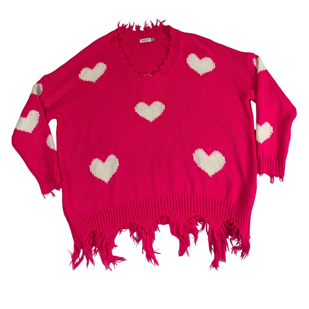 Chic Soul Pink Heart Knit Sweater Womens XXL/XXXL Distressed Romantic Cozy